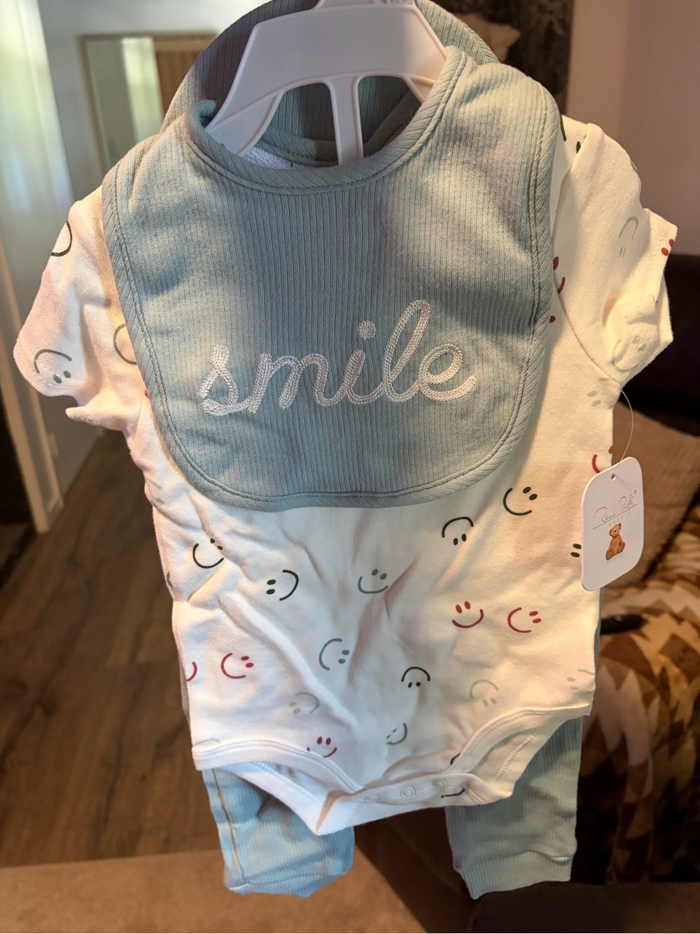 Rene Rofe baby Light Blue Bib, White Smiley One-Piece Bodysuit with pants